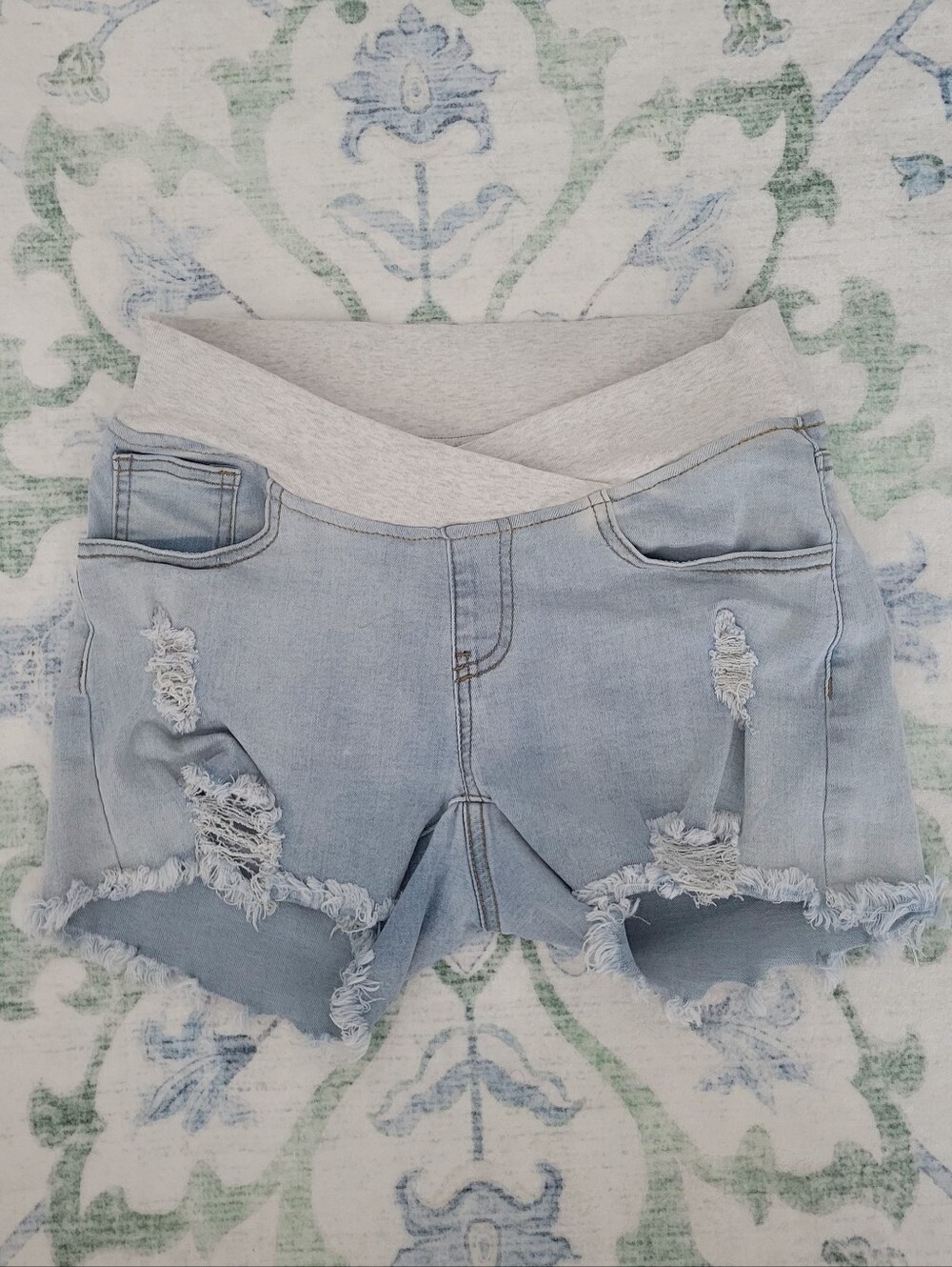 Maternity Light Blue Distressed Denim Shorts with Gray Crossover Waistband